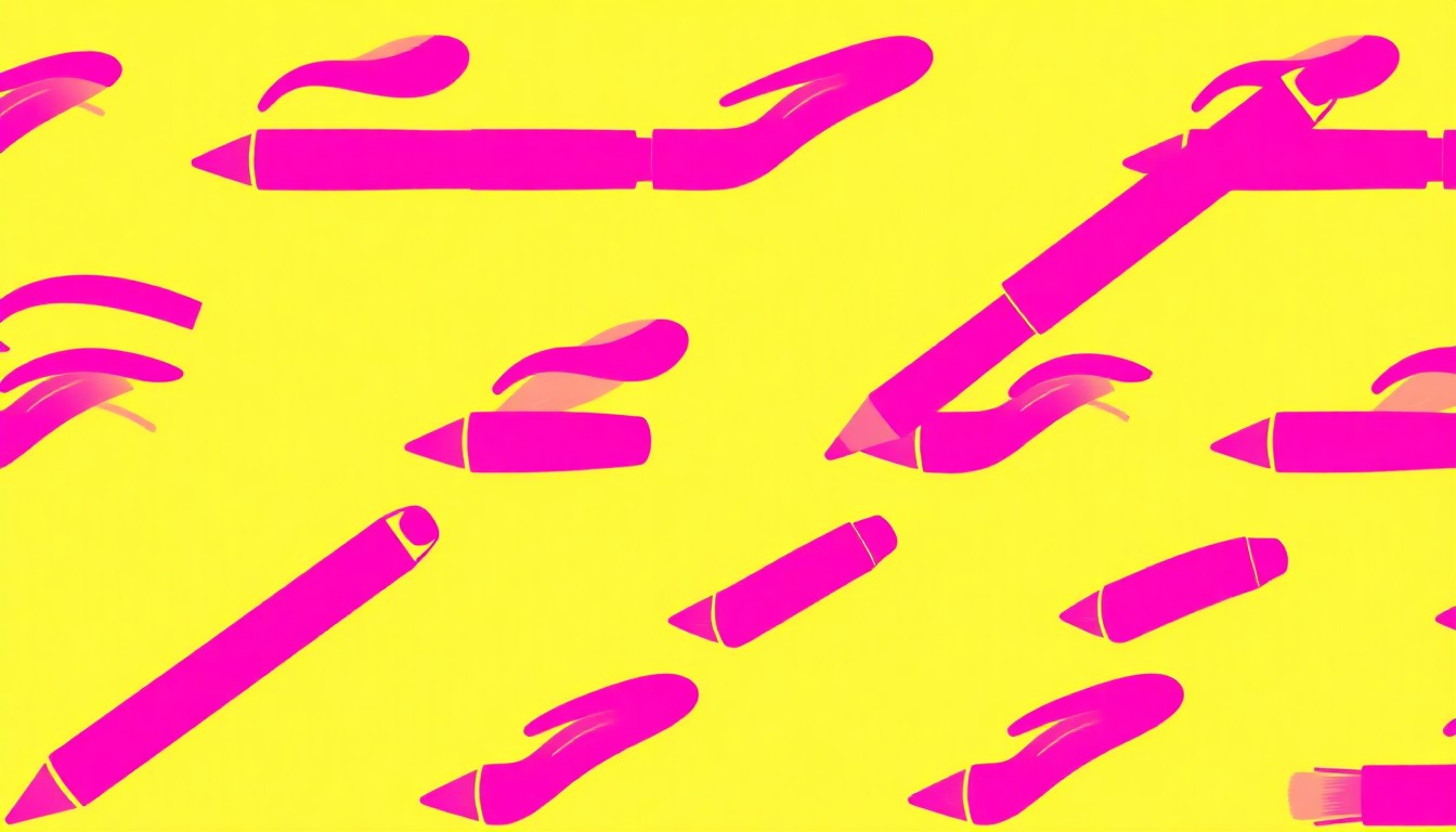 A brightly colored, high-contrast silkscreen print of an eyebrow pencil repeated in a tight grid pattern, capturing the transformative power of expert brow artistry.