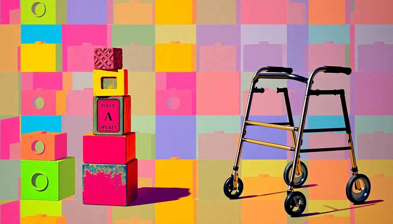 A bold, colorful silkscreen print featuring repeating images of children's building blocks and a nursing home resident's walker, capturing the intergenerational concept of the new Sunrise Express Daycare Center.