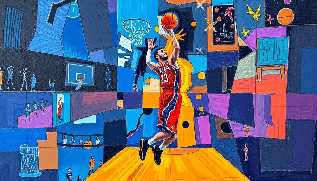 A fragmented, cubist-style painting depicting a basketball player in the act of shooting a last-second shot, with the figure broken down into sharp, overlapping geometric shapes and planes of vibrant colors like blue, orange, and purple.