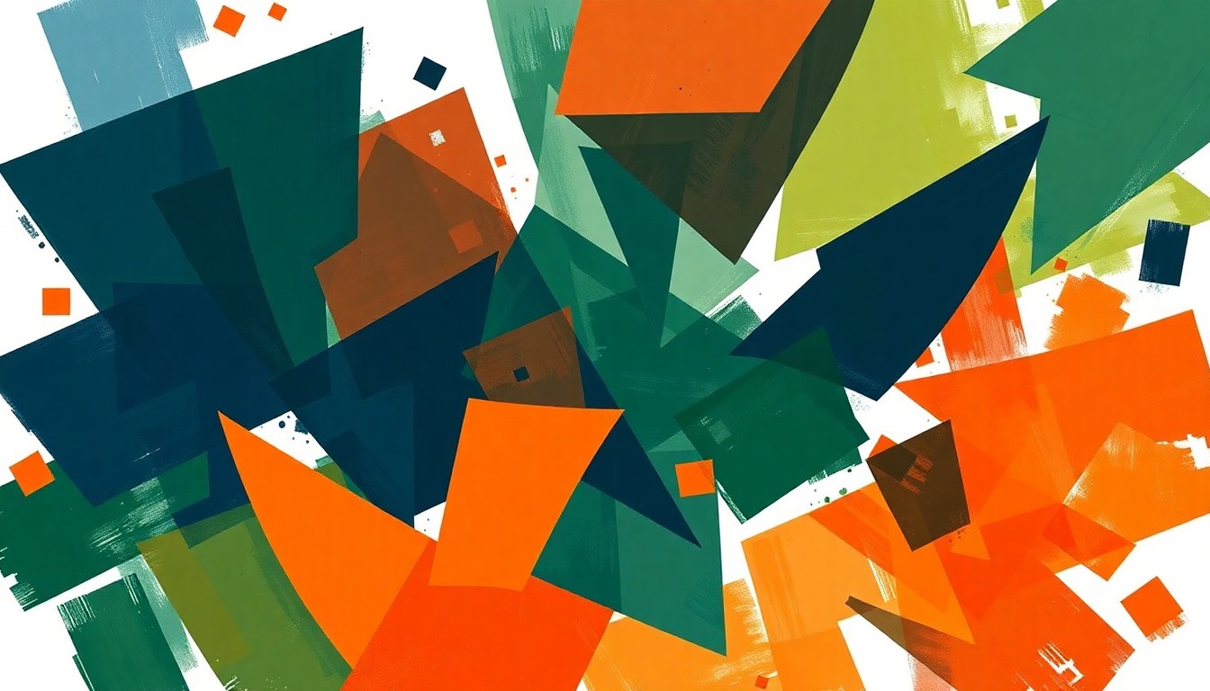 An abstract, fragmented painting with overlapping geometric shapes in navy, green, and orange, conveying the dynamic energy of local political campaigns.