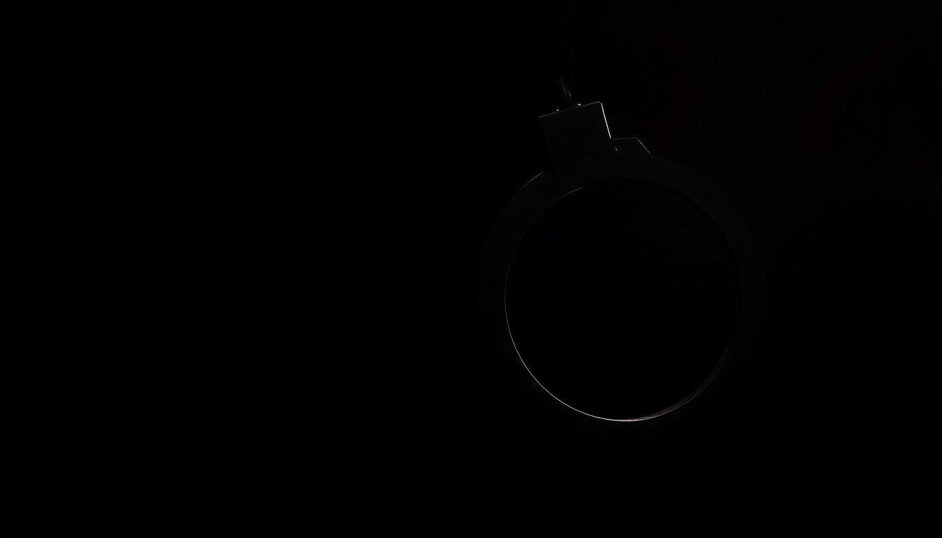 An extreme close-up photograph of a police badge or handcuffs lit by a harsh, direct camera flash against a pitch-black background, conceptually representing the investigative nature of law enforcement.