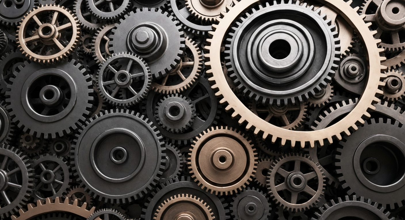 An extreme close-up of interlocking metal gears and machinery in shades of grey, bronze, and black, conveying the complex industrial processes involved in precious metals mining and trading.