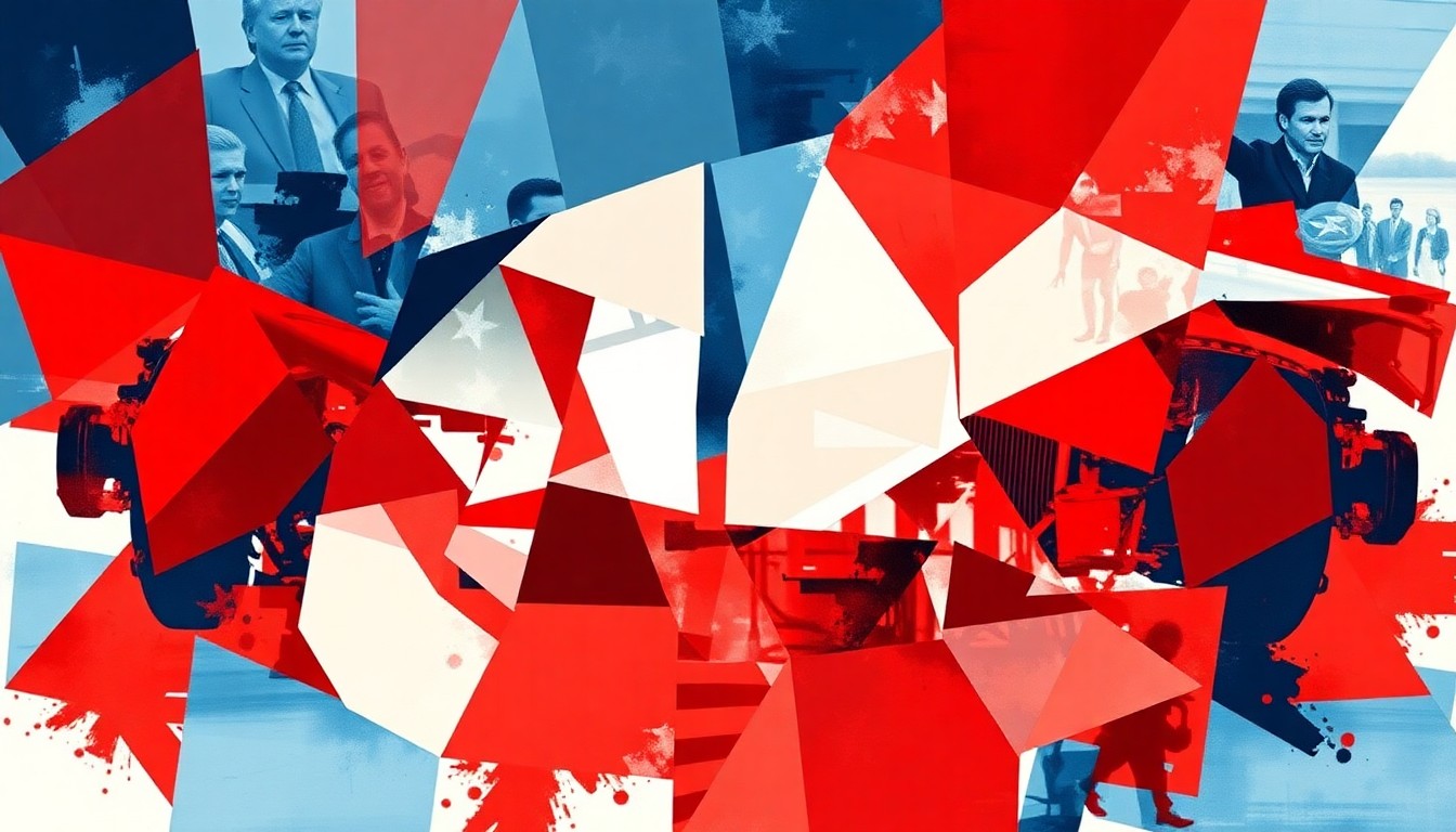 A dynamic, fragmented painting of an abstract car chassis in red, white, and blue, conveying the political tensions and rapid changes in the American automotive industry.