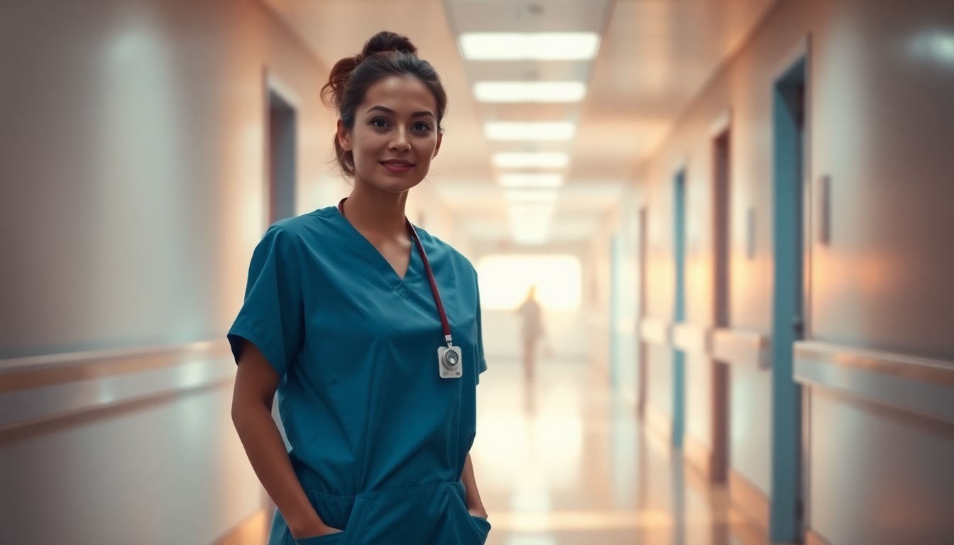 An extremely abstracted, out-of-focus photograph of a nursing student in scrubs walking through a hospital hallway, with warm pools of light and color creating a dreamlike, atmospheric scene that conceptually represents the importance of choosing the right nursing program.