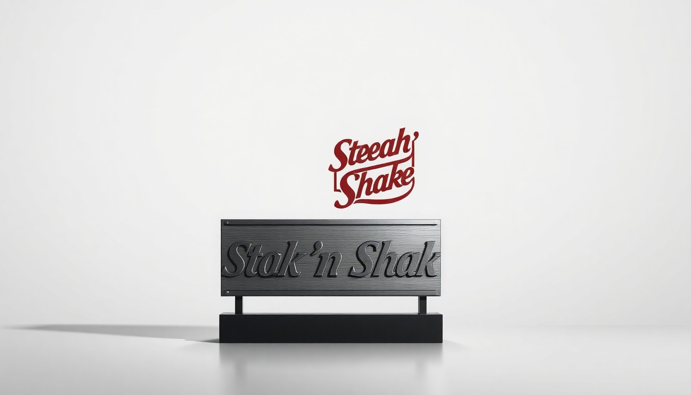 A highly stylized, photorealistic studio still-life photograph featuring a gleaming metal sign with the Steak 'n Shake logo, set against a clean, monochromatic background and using dramatic lighting and shadows to convey the abstract corporate strategy behind the property's sale.