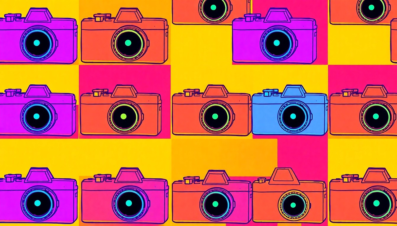 A bold, colorful silkscreen-style illustration featuring a repeating grid of film camera icons in neon shades of blue, pink, and yellow, capturing the creative energy of the cinematic arts.