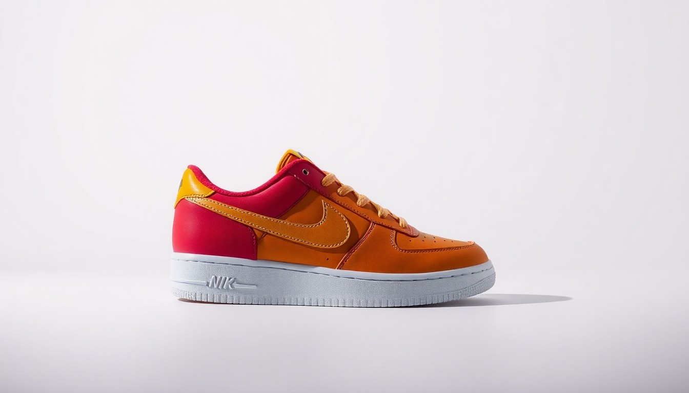 A photorealistic studio still-life photograph of a single, premium Nike sneaker in a bold, primary color resting on a clean, monochromatic background. The shoe is dramatically lit, creating sharp shadows that conceptually represent Nike's struggle to adapt to a changing market.