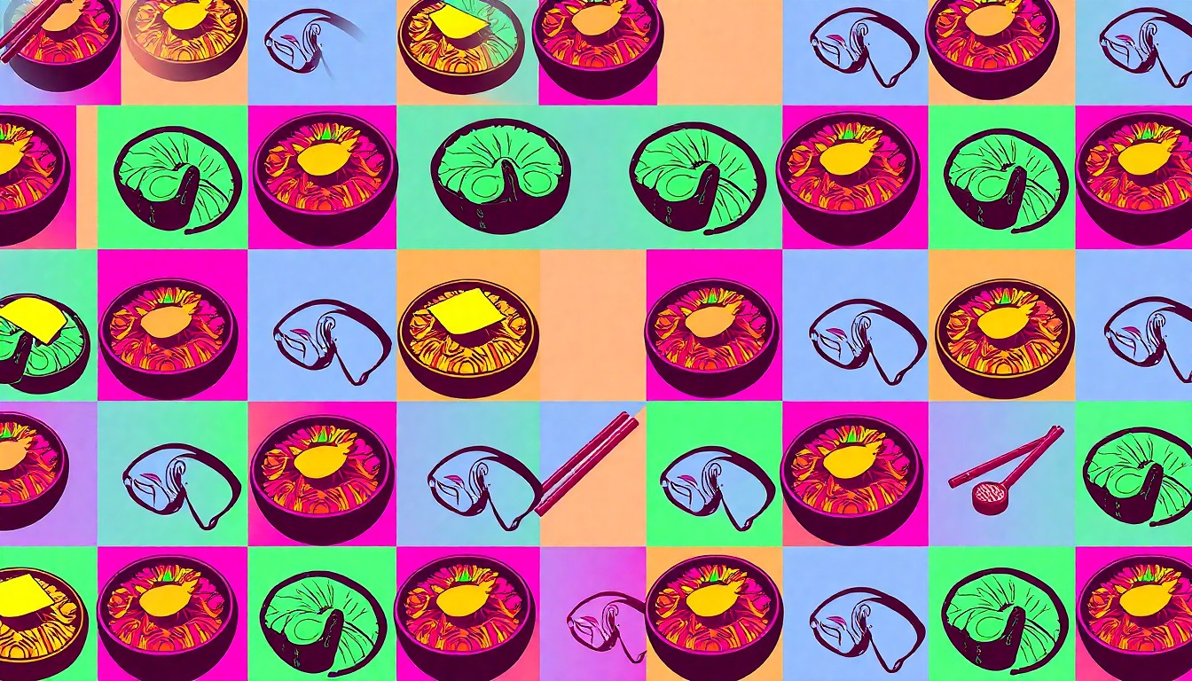 A vibrant, high-contrast silkscreen illustration depicting a grid of stylized sushi rolls in neon pink, orange, and blue hues, conceptually representing the new Japanese restaurants coming to the Rosewood Residences in Beverly Hills.