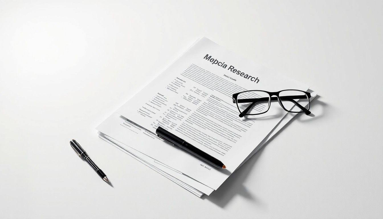 A minimalist studio still life photograph featuring a stack of medical research papers, a pen, and a pair of reading glasses arranged elegantly on a clean, monochromatic background, conceptually representing the strategic decisions and financial considerations in the biotech industry.