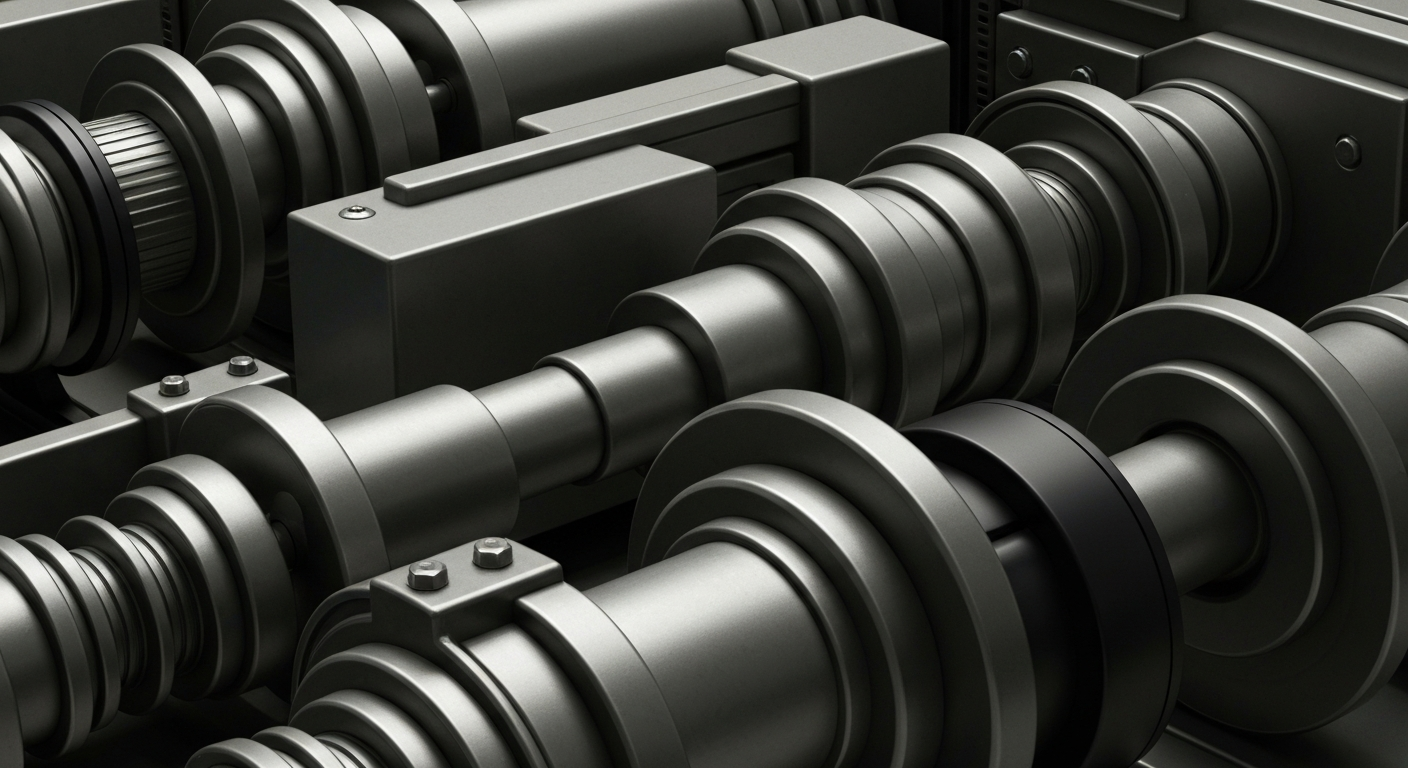 A close-up view of heavy, industrial banking equipment and machinery in muted tones of steel gray, gunmetal, and black, conveying a sense of institutional power and financial infrastructure.