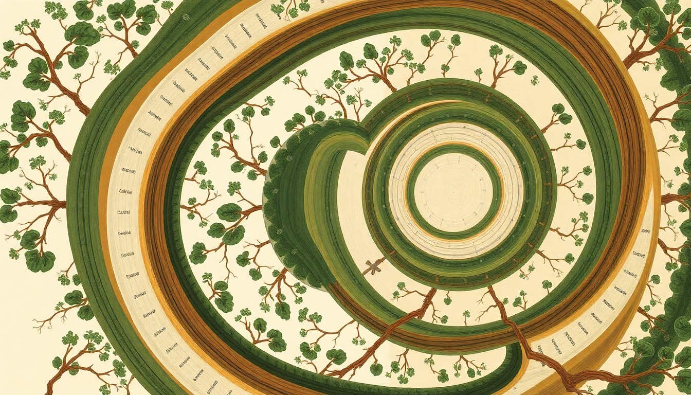 A highly textured abstract painting in earthy greens, browns, and blues, featuring sweeping geometric arcs and precise botanical spirals, conceptually representing the complex ecosystem of a giant sequoia forest.