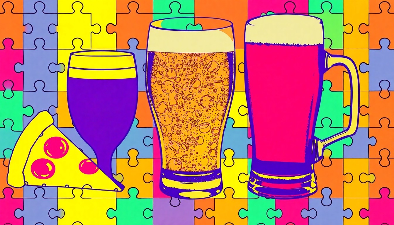 A bold, colorful silkscreen print featuring repeating images of a pizza slice, a beer glass, and a puzzle piece, creating a dynamic, eye-catching visual representation of the Pella Opera House's upcoming lifestyle event.