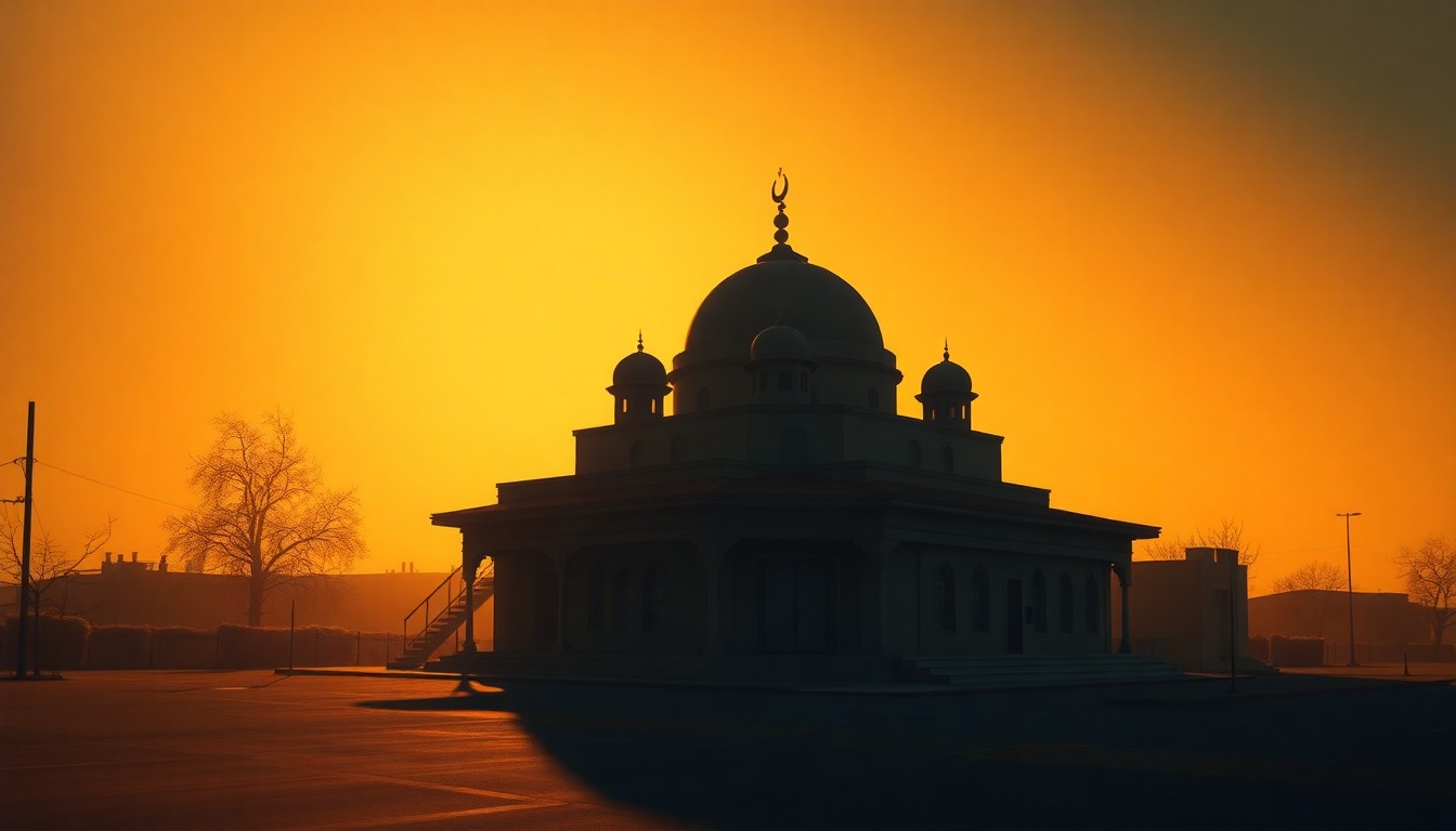 A dimly lit, cinematic painting of a solitary mosque or Islamic community center, its facade cast in warm, diagonal sunlight and deep shadows, conveying a sense of quiet contemplation and unease.
