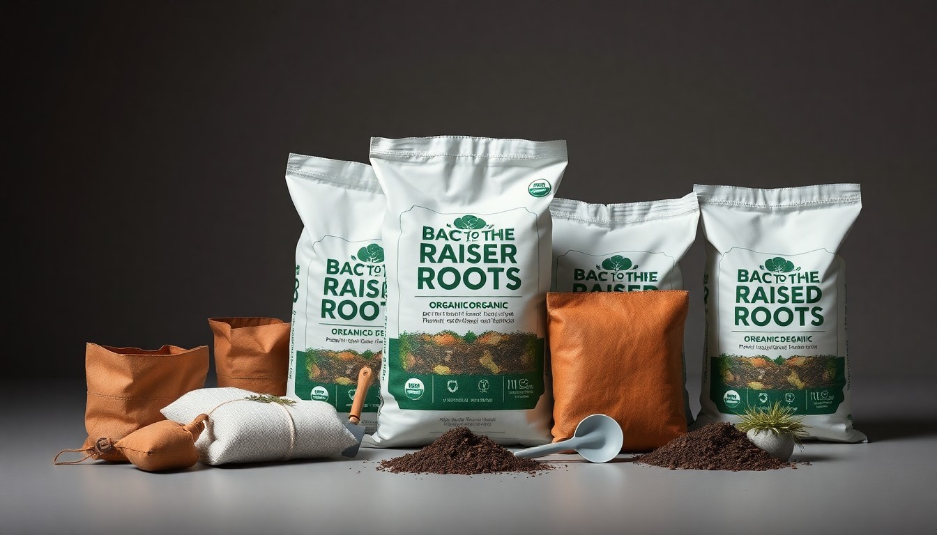 A minimalist, photorealistic studio still life featuring neatly arranged bags of Back to the Roots Organic Raised Bed Mix and a few small gardening tools, conveying the brand's commitment to sustainable, high-performance gardening solutions.