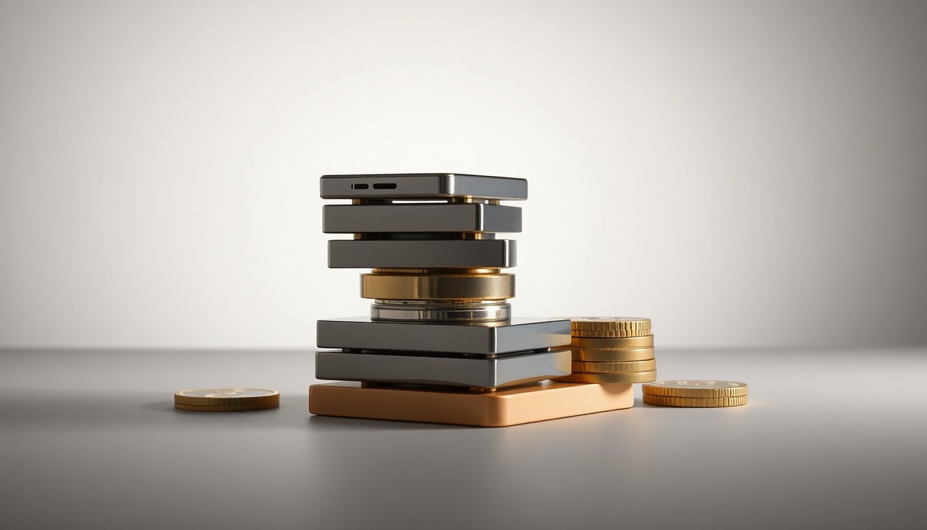 A photorealistic studio still life featuring a stack of sleek, polished metal and glass financial transaction devices, conceptually representing the abstract growth and innovation in the fintech industry.