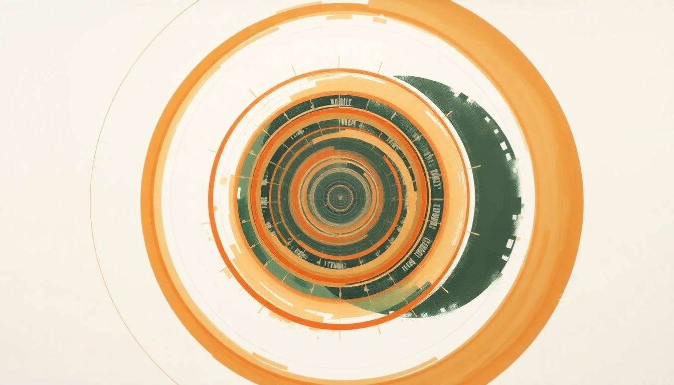 A highly structured abstract painting featuring sweeping geometric arcs, concentric circles, and precise botanical spirals in earthy tones of ochre, rust, and forest green, conceptually representing the resilient scientific forces behind a memory chip capable of operating at extreme temperatures.
