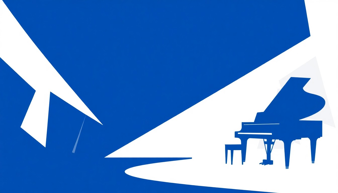 An abstract, minimalist illustration featuring sharp, geometric shapes in deep blue and bright white, conceptually representing a piano and a performance space.
