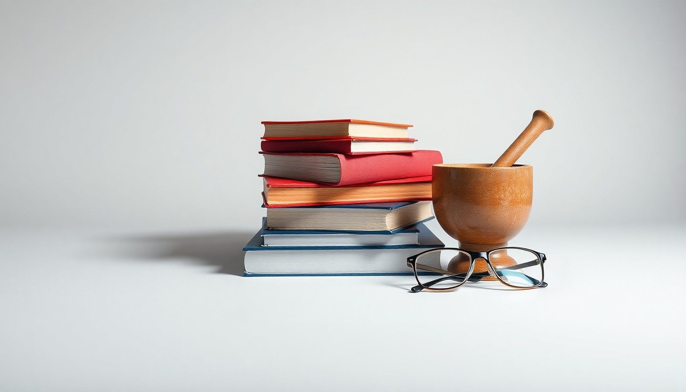 A minimalist studio still life photograph featuring a stack of academic books, a mortar and pestle, and a pair of reading glasses, conceptually representing the evolving challenges facing prestigious universities.