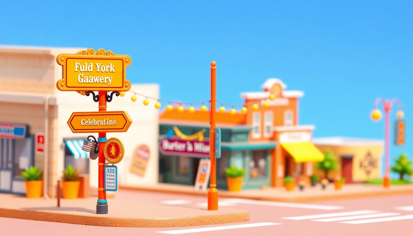 A colorful, isometric 3D illustration depicting the decorative street signs installed in a small town, symbolizing community investment and civic pride.