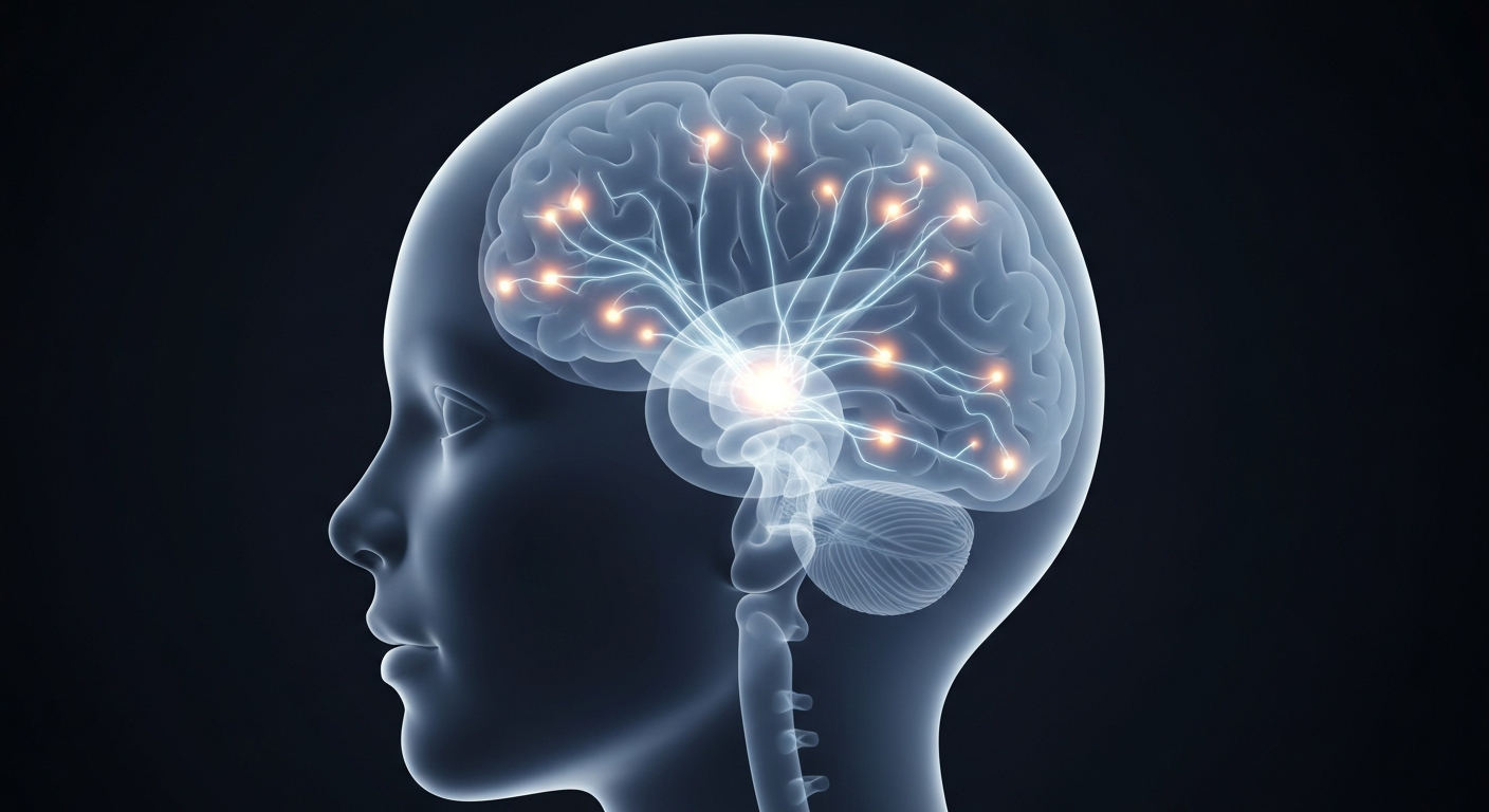 A translucent, ghostly X-ray image of a young person's brain, with faint glowing lines tracing the neural pathways, conveying the fragility and complexity of the human mind and the importance of mental health awareness.