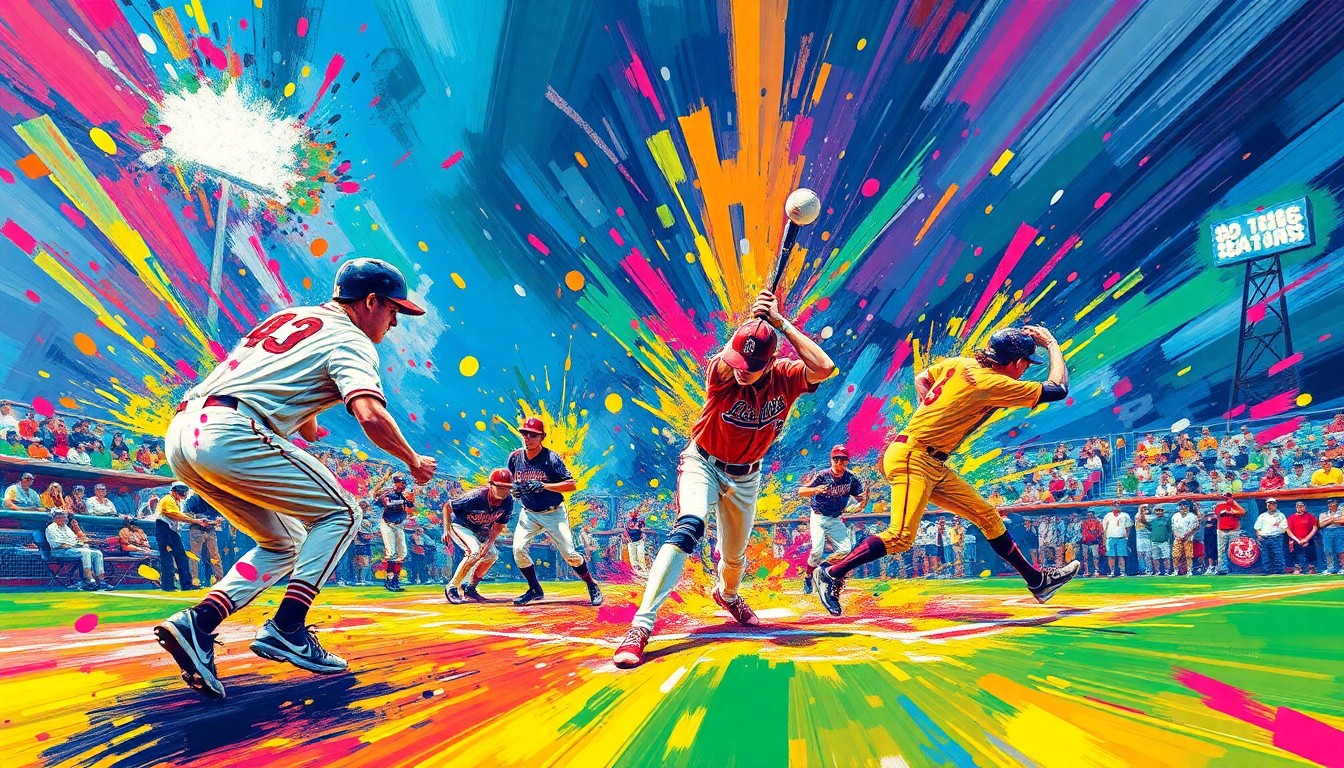 An abstract, energetic painting in bright neon colors, with dynamic brushstrokes capturing the motion and intensity of a high school baseball game.