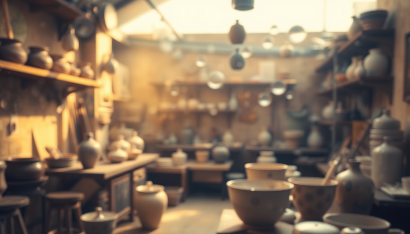 An abstract, impressionistic scene of a ceramic studio filled with soft, warm light and blurred shapes of pottery, glazes, and tools, conveying the creative atmosphere Shirley Ott fostered in her Prophetstown business.