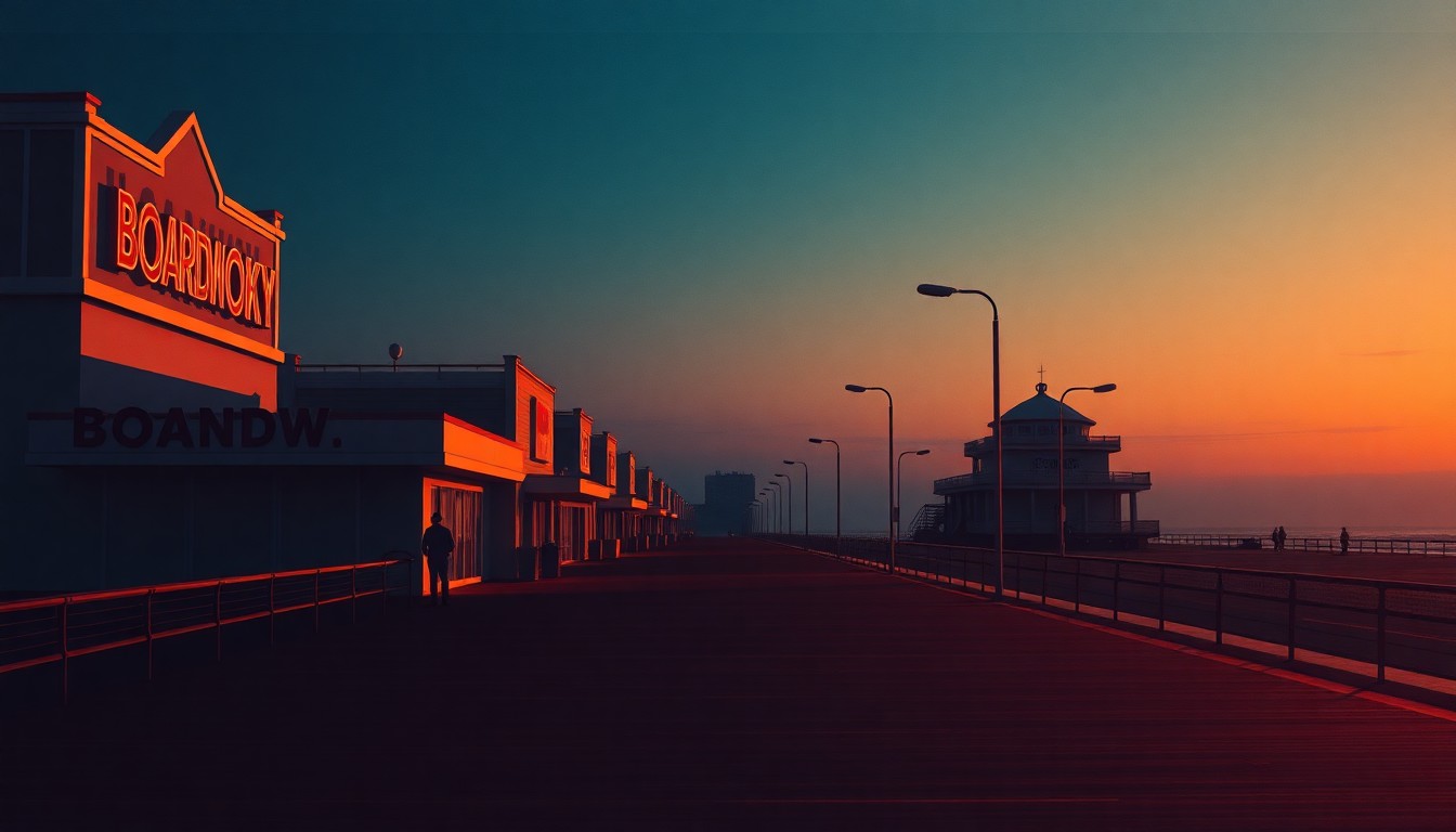 A dimly lit, cinematic painting of the Atlantic City boardwalk at dusk, with the iconic steel pier and ferris wheel visible in the distance. The scene is bathed in warm, golden light and deep shadows, creating a nostalgic, melancholy mood.