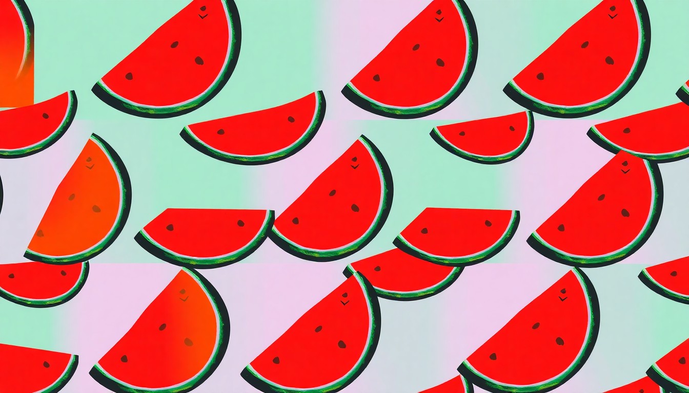 A bold, abstract silkscreen-style illustration featuring a repeating pattern of neon-colored watermelon wedges, conceptually representing the refreshing and seasonal nature of the dish.