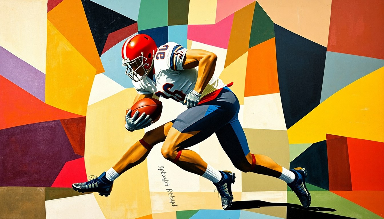 A cubist-style painting depicting a football player in mid-tackle, their body broken down into sharp, overlapping geometric planes of color, conceptually representing the defensive transition facing Illinois football.