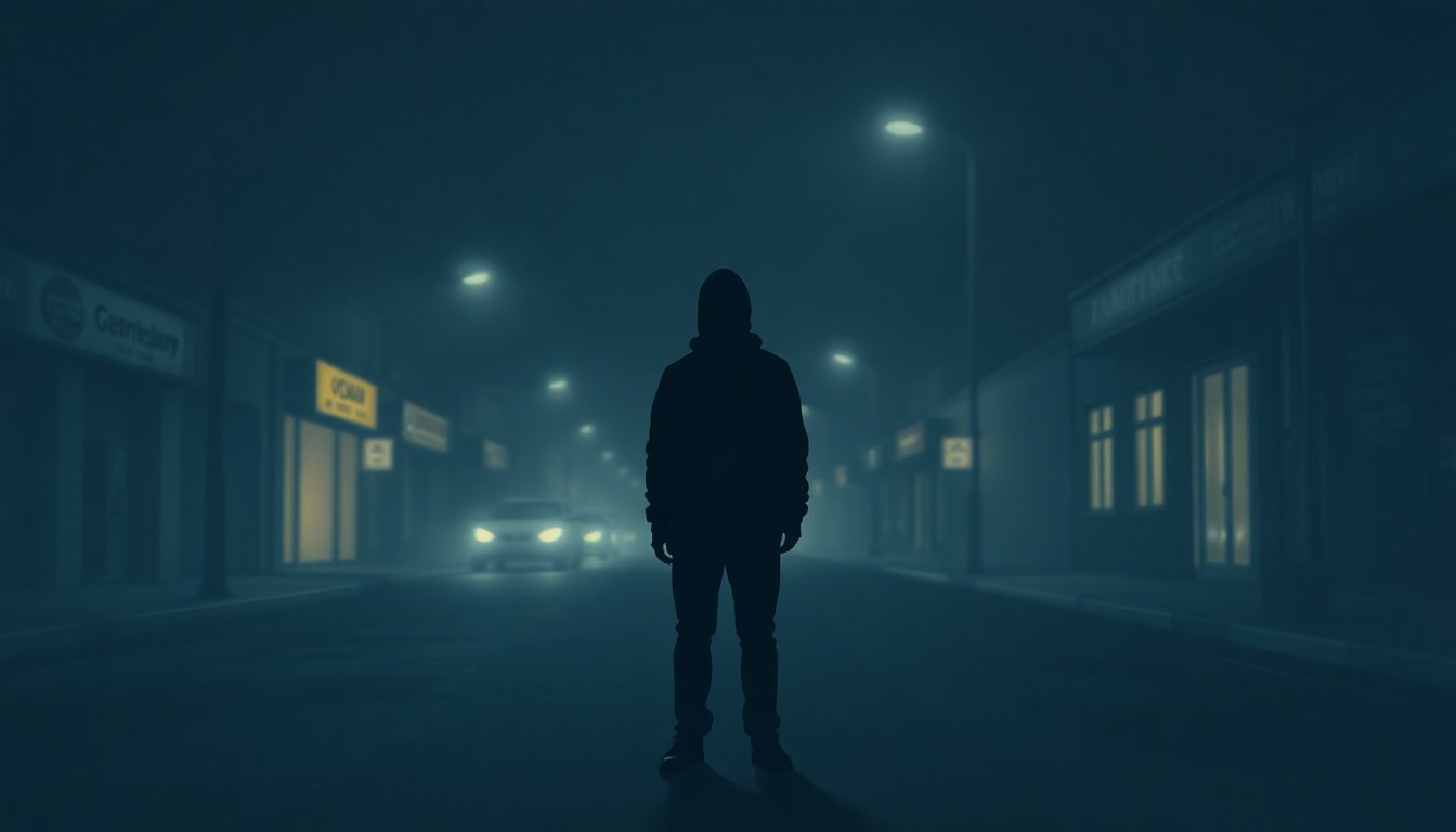 A solitary figure standing alone on a dimly lit city street, their face obscured in shadow, representing the isolation and uncertainty faced by undocumented immigrants.
