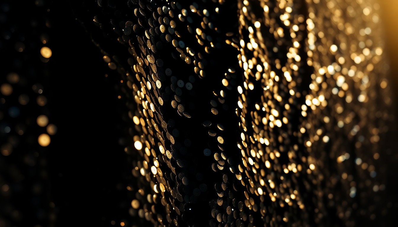 An abstract close-up photograph of shimmering black sequins under dramatic studio lighting, conveying the glitz and energy of a rock music performance.