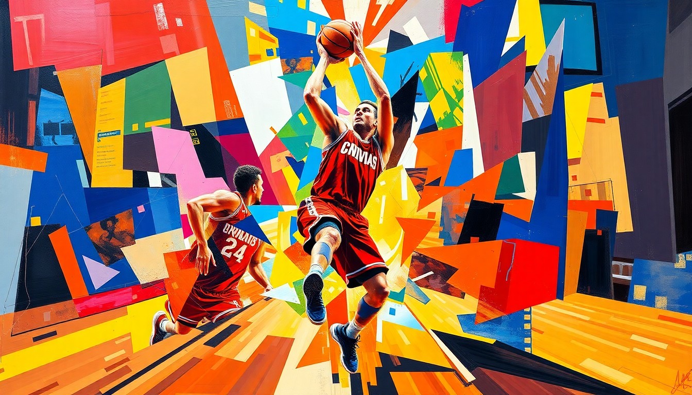 A cubist-style painting depicting Andrej Stojaković's basketball skills and movements, with sharp, overlapping geometric shapes in vibrant colors representing the energy and intensity of the NCAA Tournament.