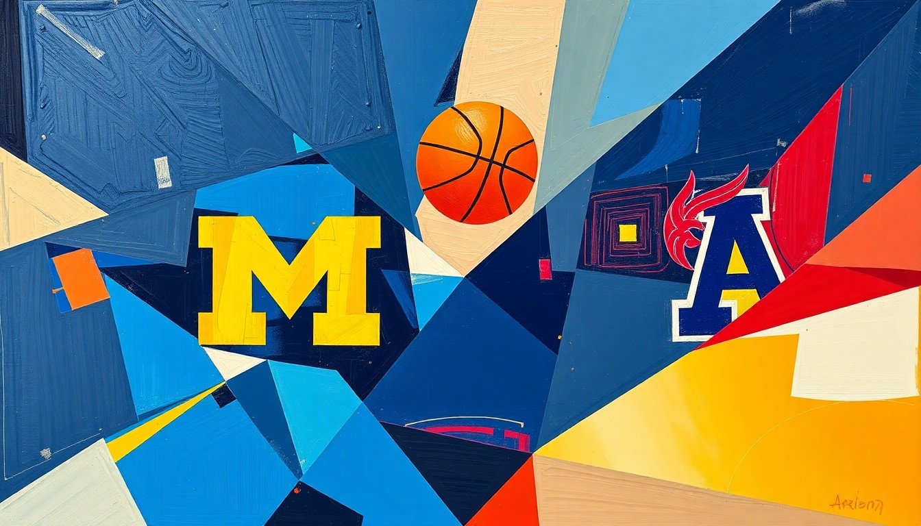 A fractured, cubist-style painting depicting the dynamic action of a basketball game, with sharp geometric shapes and planes of color representing the players and the court.