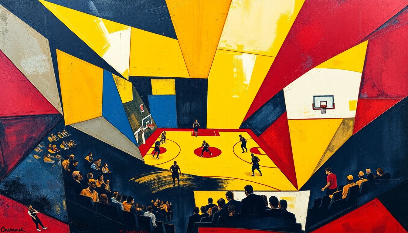 A cubist, geometric painting depicting a fragmented basketball game, with overlapping planes of yellow, blue, and red, conceptually representing the unique perspectives and analysis the Fab Five will bring to the Final Four broadcast.