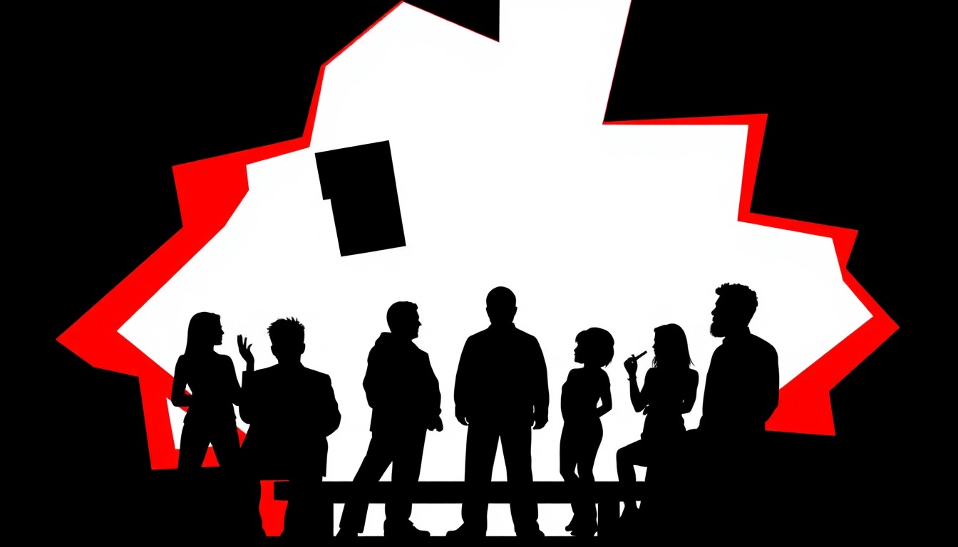 A bold, abstract illustration featuring stark geometric shapes and silhouettes in high-contrast colors, conceptually representing the reunion of the cast of the 'Jury Duty Presents: Company Retreat' series.