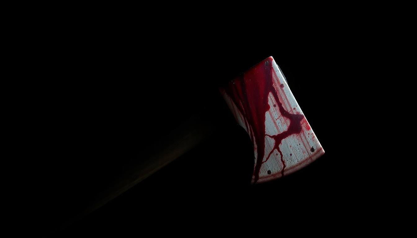 An extreme close-up photograph of a blood-stained ax head, the harsh lighting and dark background creating a stark, investigative aesthetic that conceptually represents the violent crime at the center of this news story.