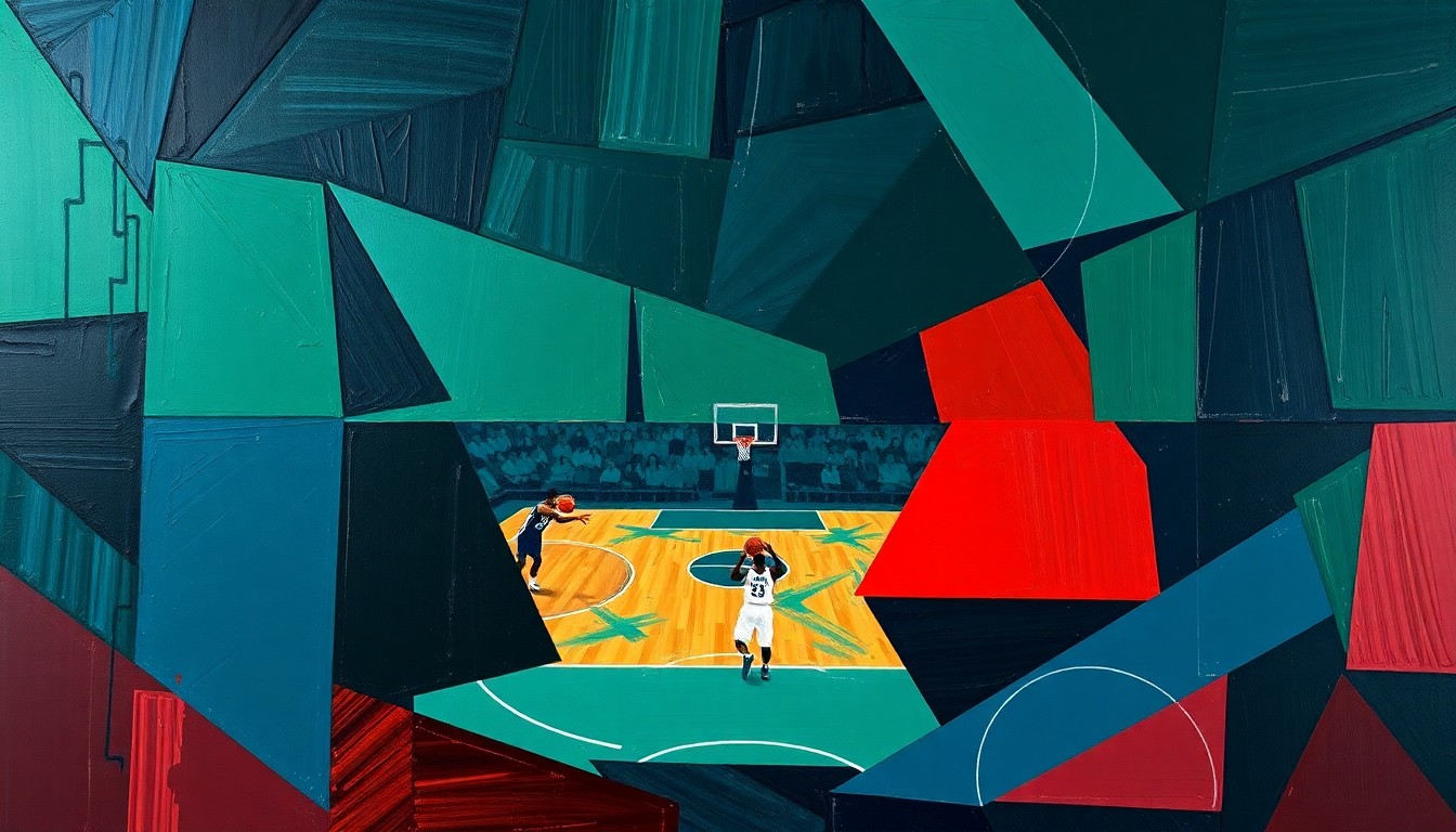 A fragmented, geometric painting in navy, green, and red tones depicts the chaotic energy and competing demands of college basketball coaching.