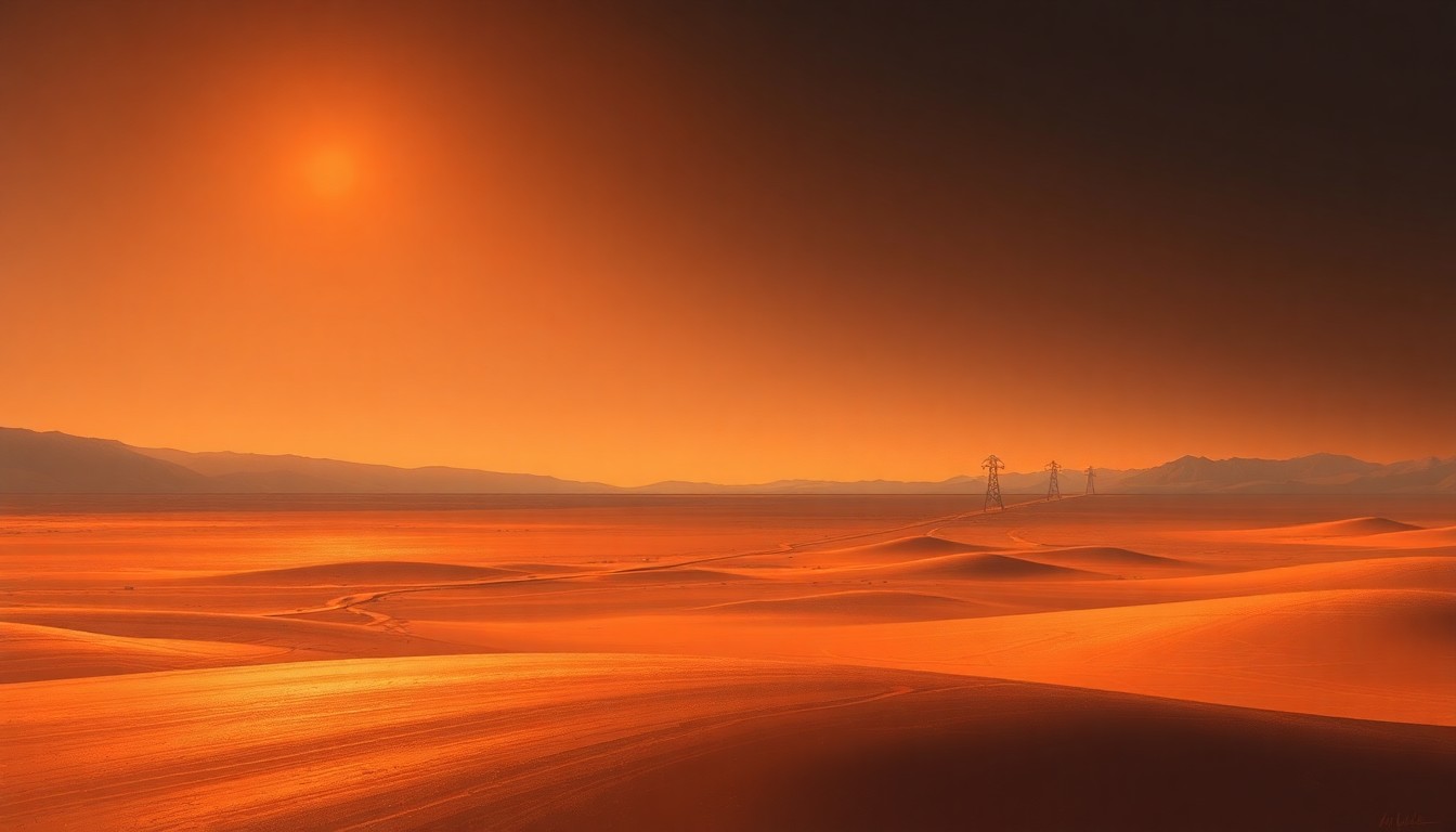 A serene desert landscape with a faint pipeline cutting across the horizon, rendered in a warm, cinematic painting style that evokes a sense of quiet contemplation about the delicate balance between development and environmental preservation.