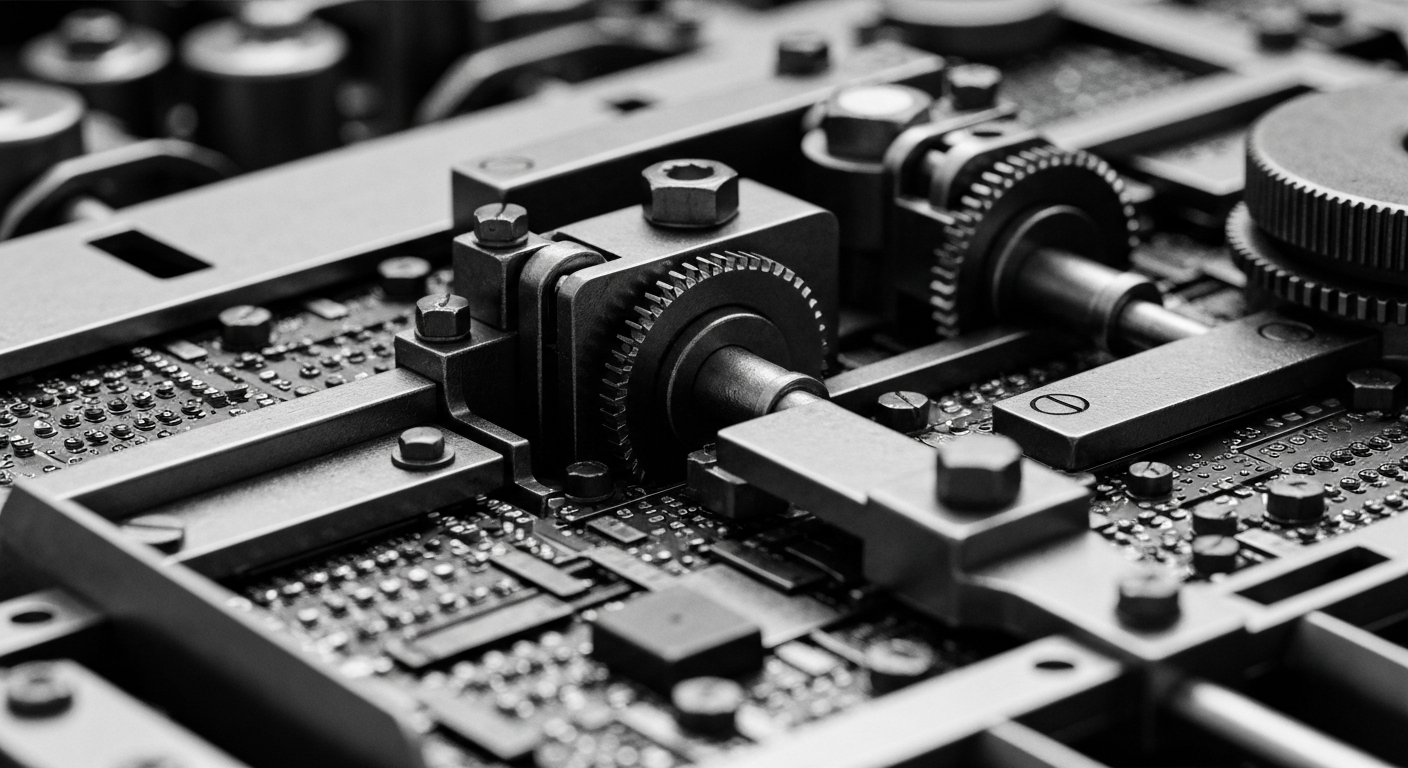 A high-contrast, cinematic close-up of complex banking machinery and mechanisms, representing the intricate financial infrastructure underlying the booming prediction market industry.