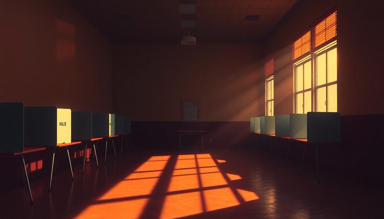 A dimly lit, cinematic interior scene of an empty polling place with wooden chairs and desks, bathed in warm, diagonal sunlight and deep shadows, conveying a sense of solitude and nostalgia.