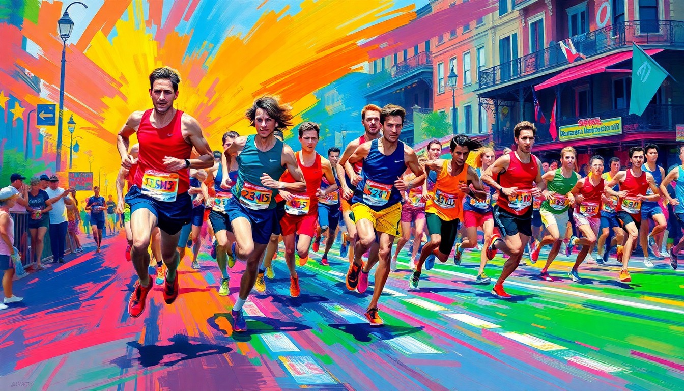 An abstract, energetic painting in neon colors depicting runners in motion, capturing the dynamic spirit of the Crescent City Classic 10K race in New Orleans.