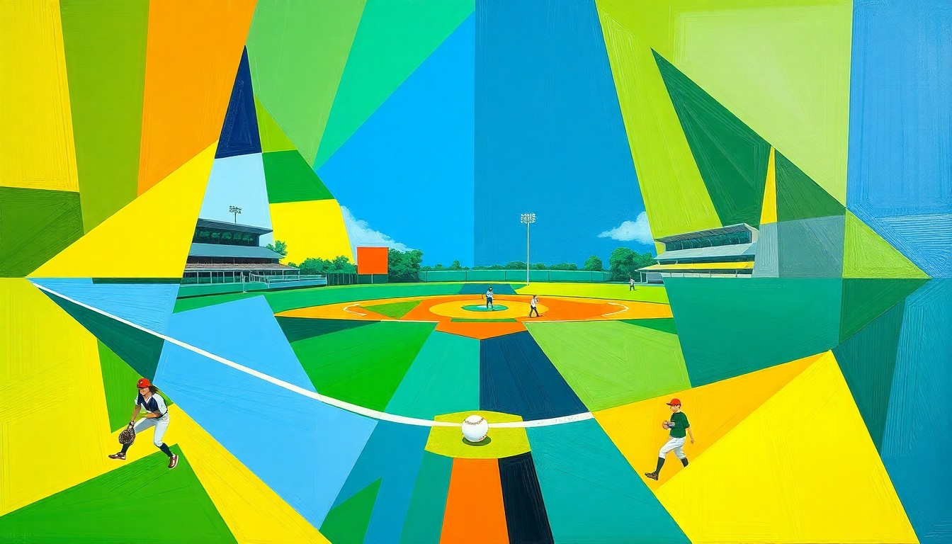 A fragmented, geometric painting in bold colors representing the dynamic movement and energy of a high school softball game.