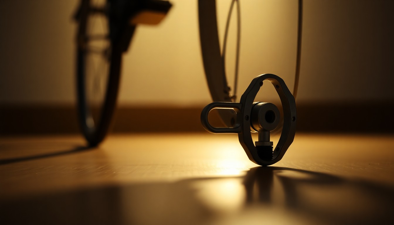 An extreme close-up photograph of a bicycle pedal, its metal surface reflecting a warm, soft light. The dramatic lighting and shallow depth of field create an intimate, meditative mood, symbolizing the fragility and resilience of the human spirit.