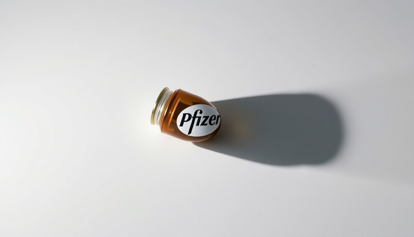 A close-up photograph of a shiny metal pill bottle with the Pfizer logo, resting on a plain white background and illuminated by dramatic studio lighting, conceptually representing the legal challenges companies face in disability discrimination cases.