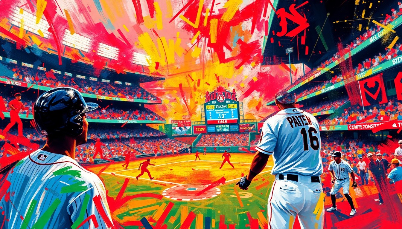 An abstract expressionist painting in vibrant neon colors, with rapid brushstrokes capturing the energy and excitement of a baseball game at Fenway Park, players' faces and uniforms dissolving into unrecognizable splatters of color.