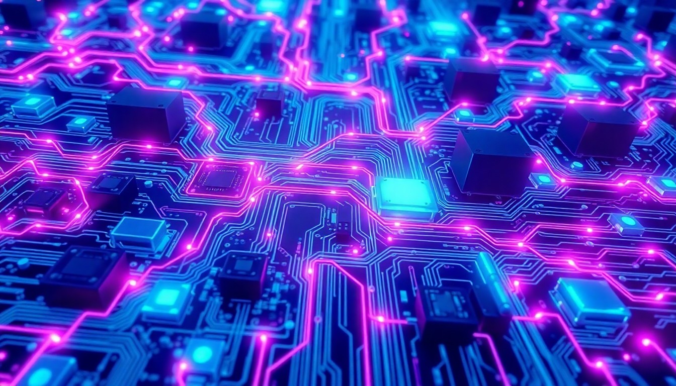 A highly detailed, glowing 3D illustration of a complex network of interconnected circuit boards, fiber optic cables, and other digital infrastructure components in shades of neon blue, purple, and magenta, conceptually representing the critical nature of modern telecommunications networks.