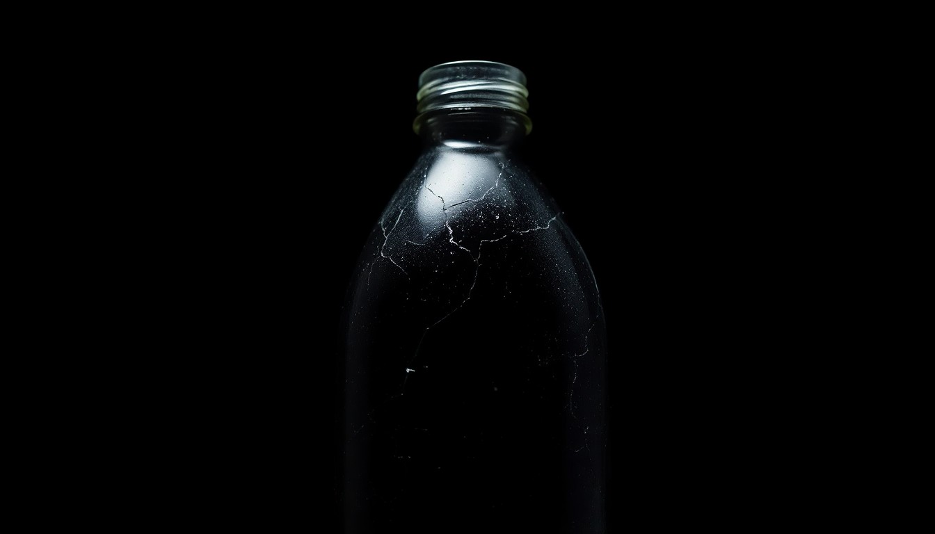 An extreme close-up photograph of a cracked and dented metal water bottle, its surface reflecting the harsh light of the camera flash, conveying a sense of violence and tragedy without depicting any actual harm.