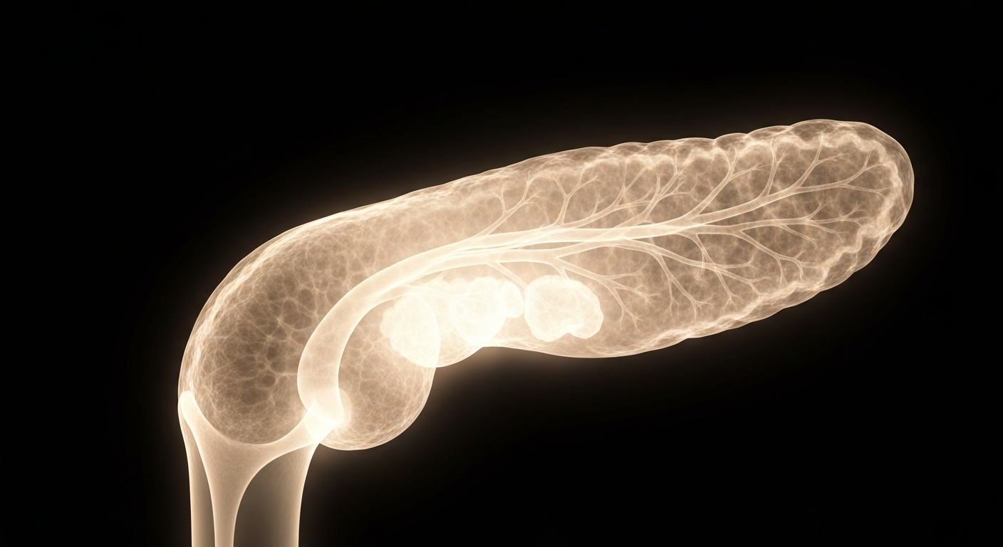 A translucent, ghostly X-ray image revealing the intricate internal structure of a human pancreas, the central focus against a dark, moody background.