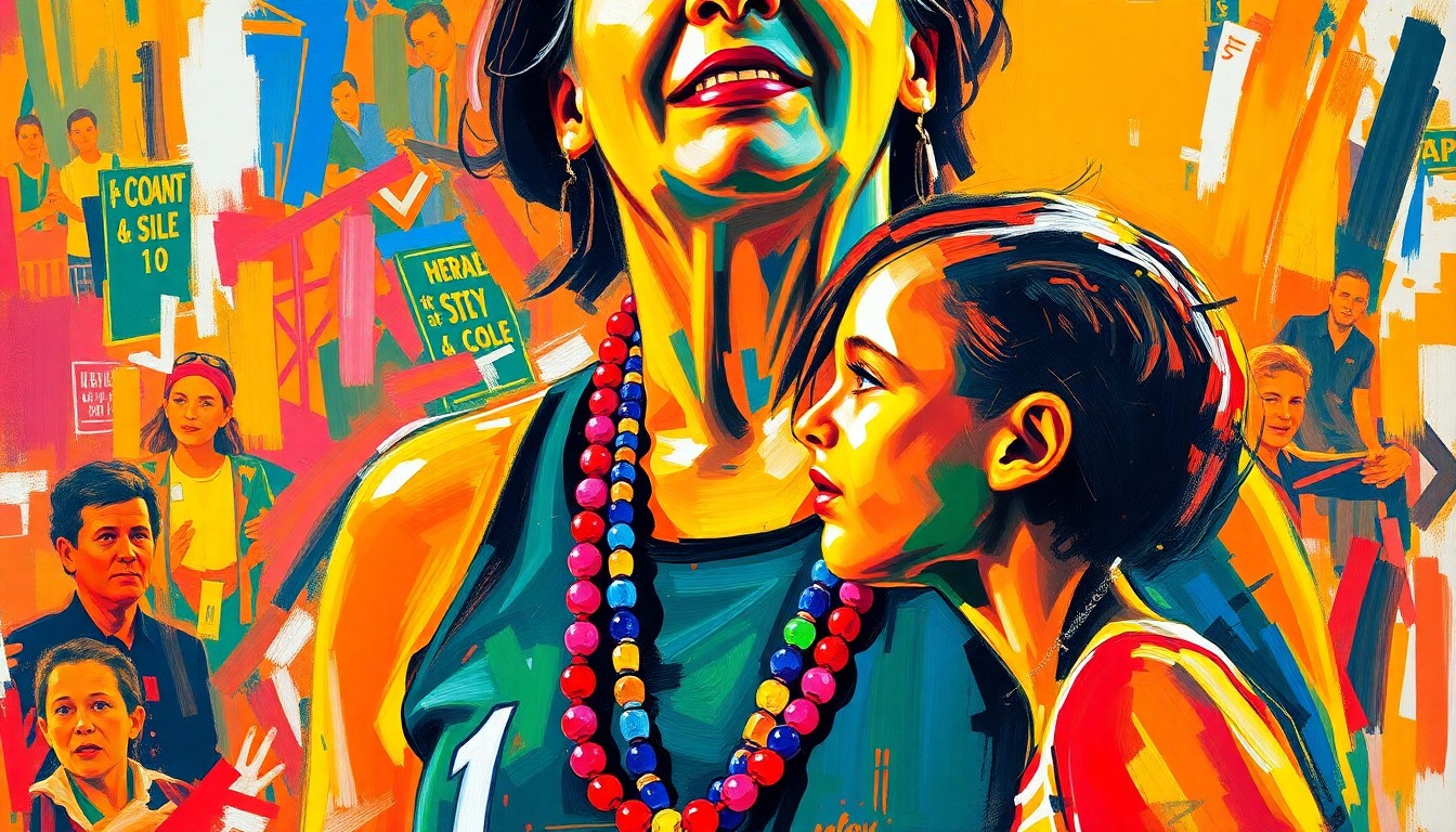 An abstract, expressionist painting in vibrant neon colors, featuring a central figure wearing a necklace made of colorful beads, capturing the raw energy and emotion of a women's basketball game.