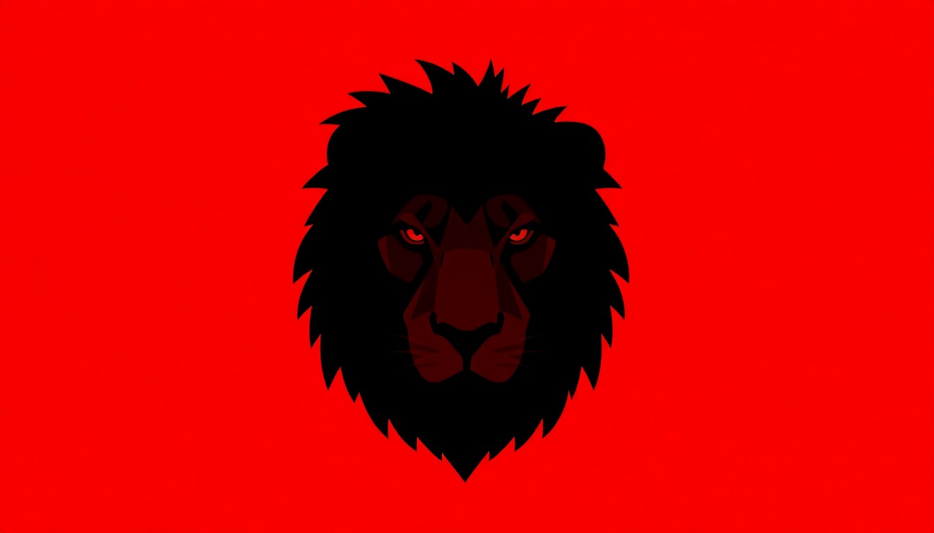 A dramatic, abstract illustration of a lion's head in the form of a bold, black silhouette against a vibrant red background, capturing the charismatic energy of the popular Phoenix Zoo resident Pilipili.
